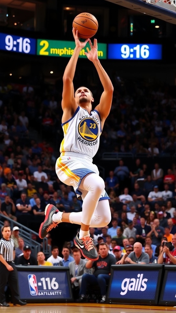 Stephen Curry shooting a three-pointer during a game, with the scoreboard showing 9:16.